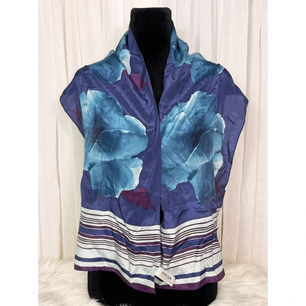 Oscar by Oscar de la Renta Silk Scarf Blue Floral Striped Square Large Poppy